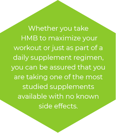 hexagon graphic with text stating Whether you take hmb to maximize your workout or just as part of a daily supplement regimen, you can be assured that you are taking one of the most studied supplements available with no known side effects.