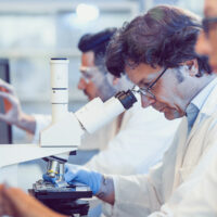 Scientists in a laboratory working and one looking through a microscope