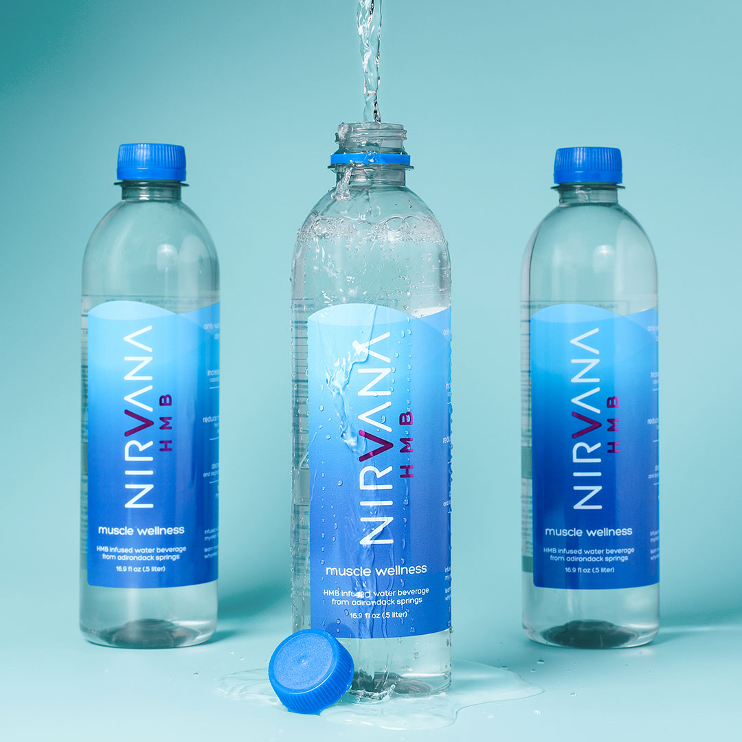 Supplement product Nirvana HMB - bottled water that features the clinically proven muscle health ingredient myHMB clear