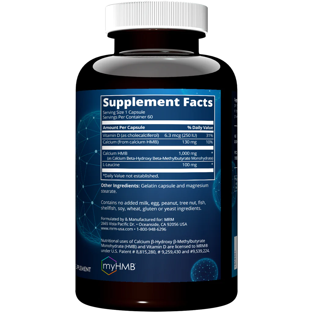 Dietary supplement MRM HMB 1000 mg featuring the muscle health ingredient myHMB and showcasing it's supplement facts