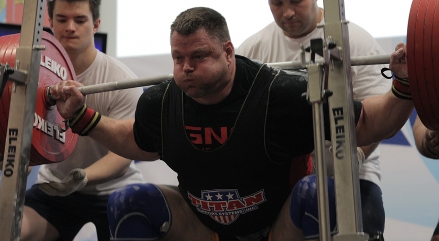 Hall of Fame Powerlifter Brad Gillingham competing at the 2013 International Powerlifting Federation (IPF) World Championships competing in the back squat