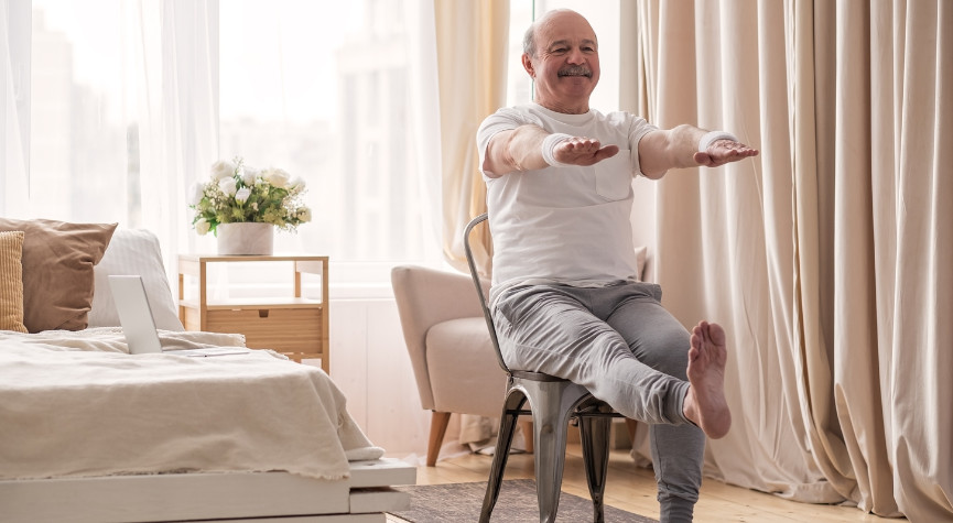 Bodyweight exercises like wall pushups, chair squats, or seated leg lifts 